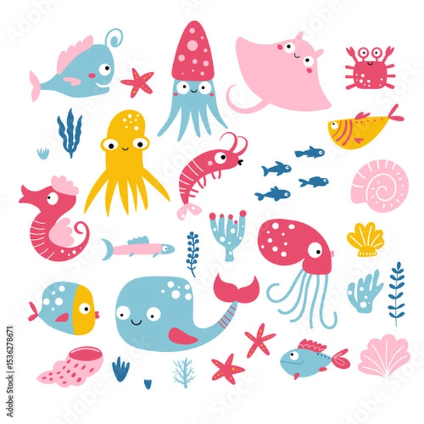 Obraz Fish and sea animals set