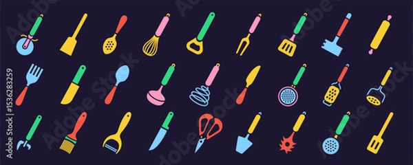 Fototapeta Kitchenware icon set. Color vector kitchen utensils, tools and cutlery. Whisk, slotted spoon, scissors, ladle and spatula. Sieve, knife, spoon, fork, peeler and opener
