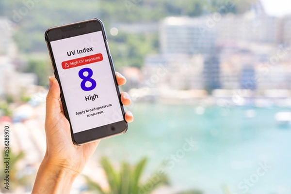 Fototapeta Smartphone showing high UV alert held in hand with blurred beach, sea, and city in background. Hot sunny weather and radiation warning in real-life context.