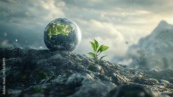 Obraz Earth on rocky outcrop with sapling