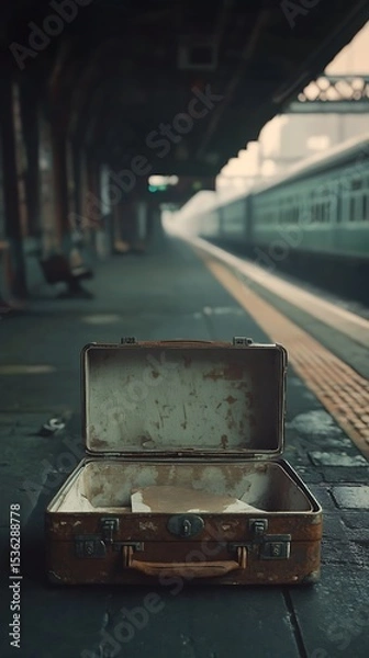 Obraz Empty vintage suitcase on train platform