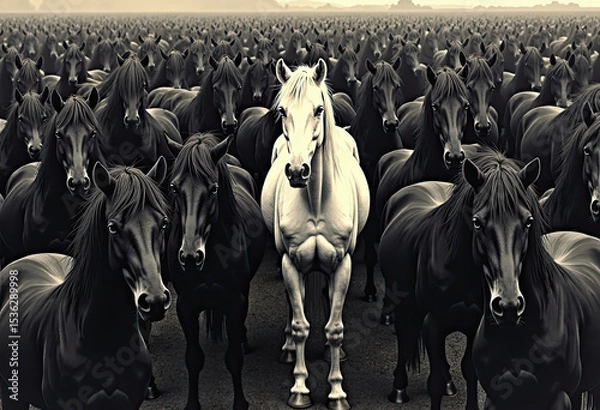 Fototapeta A powerful and conceptual image of a single white horse standing out in a vast, uniform crowd of black horses, symbolizing individuality, leadership, and uniqueness.
