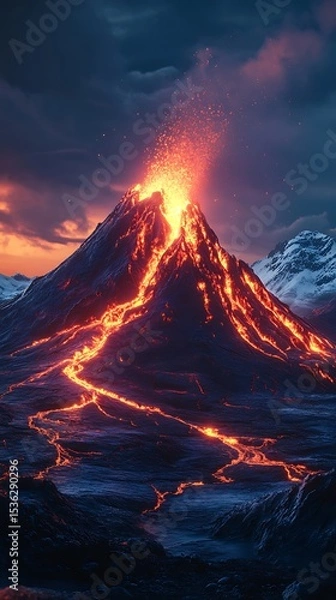Obraz Erupting volcano with lava flow