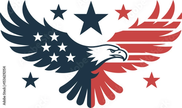 Fototapeta Flying eagle design with blue and red wings, starburst center representing US freedom and national pride  