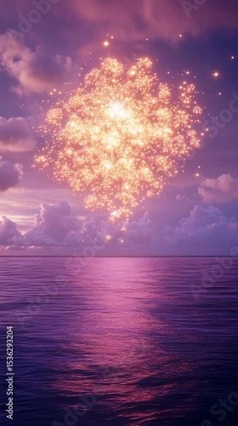 Obraz Fireworks over calm ocean sunset