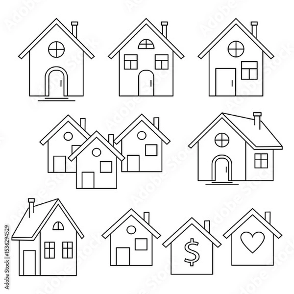 Fototapeta Set of minimalistic line art house icons, transparent vector illustrations, Real Estate and home symbol collection