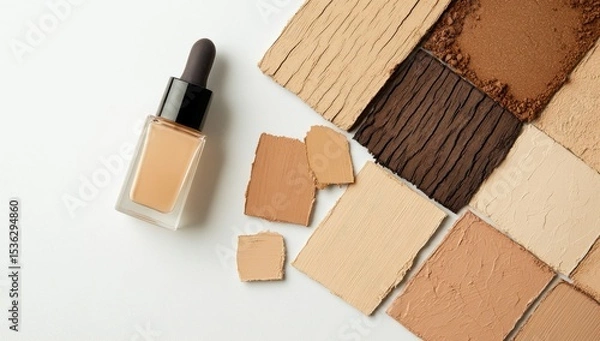 Fototapeta Foundation shades displayed.  A bottle of foundation sits next to various foundation swatches in different shades of beige and brown