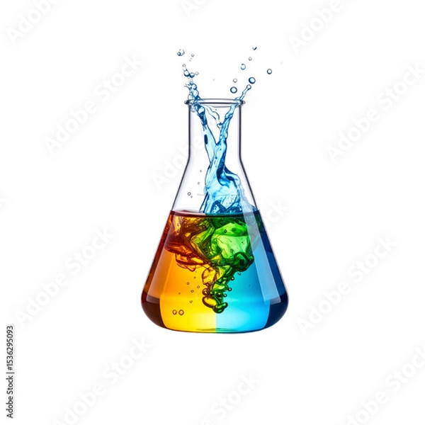 Fototapeta Erlenmeyer flask with colorful liquids splashing isolated on transparent background