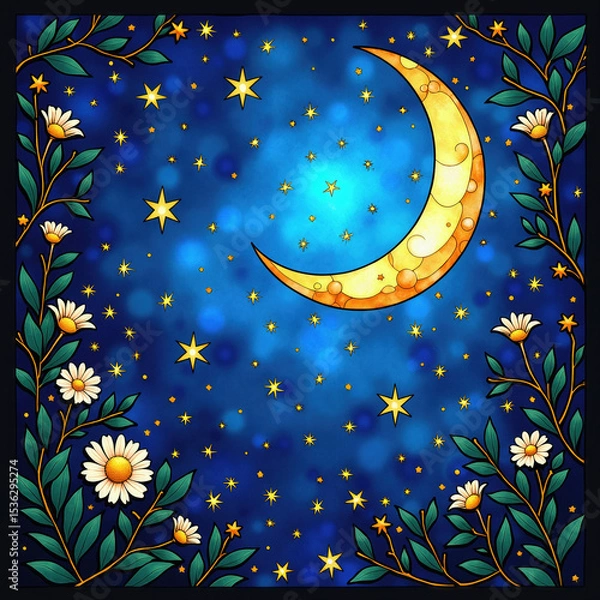 Fototapeta A magical celestial scene with a whimsical golden crescent moon and sparkling stars, framed by beautiful white daisies for a dreamy, enchanting storybook night.
