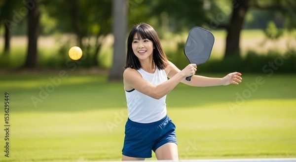 Obraz Asian woman playing pickleball outdoors on a sunny day with paddle and ball in a park setting for sport