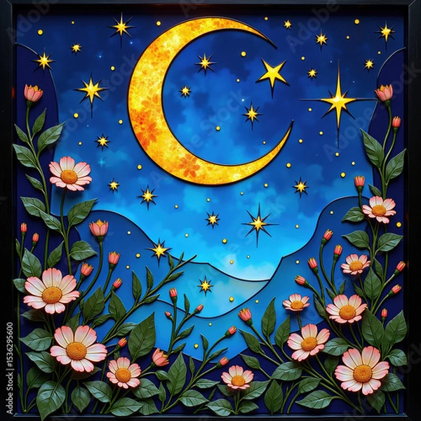 Fototapeta A magical and whimsical night scene with a textured golden crescent moon and sparkling stars, framed by blooming pink flowers in an enchanting, storybook style.
