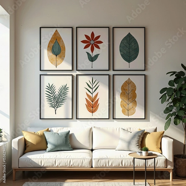 Fototapeta A bright, modern living room featuring a cozy white sofa and a stylish gallery wall of six framed botanical and abstract art prints creating a serene, personalized space.

