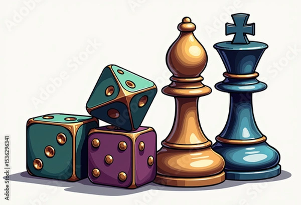 Fototapeta A playful illustration combining the strategy of chess with the luck of dice, featuring a king, a bishop, and colorful dice for a fun tabletop gaming concept.
