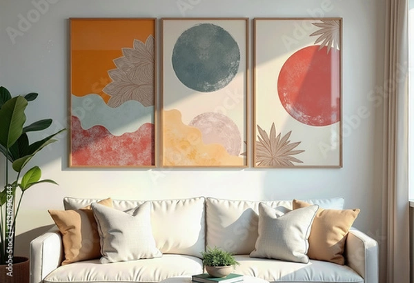 Fototapeta A bright and modern living room interior featuring a cozy white sofa and a stylish triptych of abstract boho wall art in warm, earthy tones for a serene ambiance.
