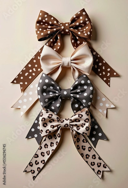 Fototapeta An elegant assortment of four stylish gift bows in soft, neutral tones, featuring a chic mix of polka dot, leopard print, and classic satin ribbon for any occasion.
