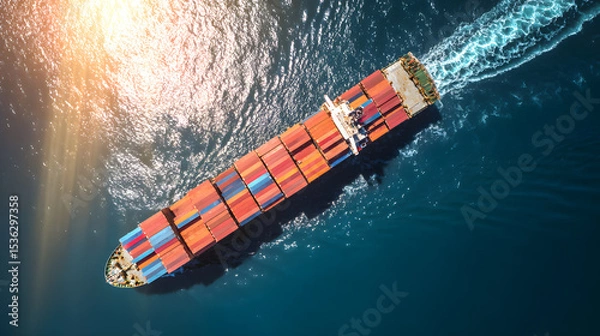 Fototapeta A massive container ship sails the open sea, sunlight glinting on blue waves. Global trade in motion.
