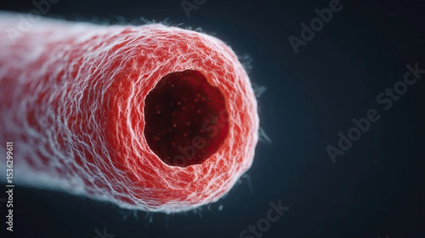 Fototapeta Microscopic view of red blood vessel, artery, or capillary structure, showing detailed texture and cylindrical shape, scientific and medical concept