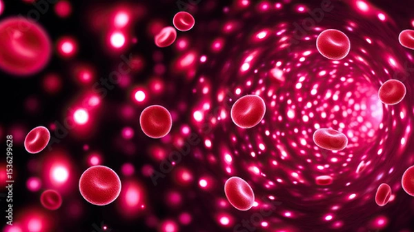 Fototapeta Red blood cell plasma vessel glowing microscopic medical science health biology flow. vibrant depiction of red blood cells moving through glowing vessel highlighting dynamic and energetic nature