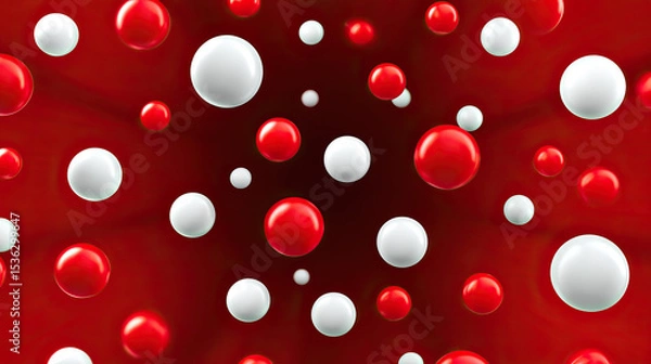Fototapeta Red and white spheres molecular structure floating in dark red background abstract science concept 3D illustration dynamic energetic modern medical research