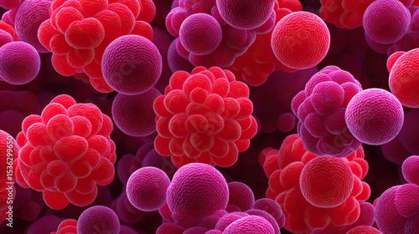 Fototapeta Red and purple spherical bacteria cluster together, showing detailed cell texture and structure, representing microbial colony growth and immune response scientific, vibrant, and dynamic