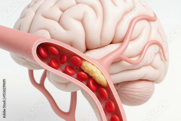 Fototapeta Brain artery blood clot stroke vessel blockage medical health anatomy This detailed illustration shows blood clot blocking artery brain representing stroke and highlighting importance of vascular