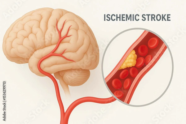 Fototapeta Ischemic stroke brain illustration, showing blocked blood vessel with clot obstructing blood flow, highlighting medical concept of stroke and vascular health