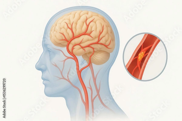 Fototapeta Human brain, blood vessel, artery, stroke, and blockage are shown in this medical illustration, highlighting risk of cerebral artery obstruction and its impact on brain health