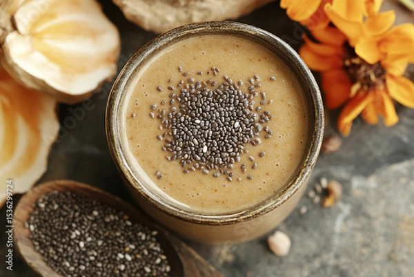Fototapeta Homemade smoothie with chia seeds in a glass, top view. Healthy and tasty food concept.