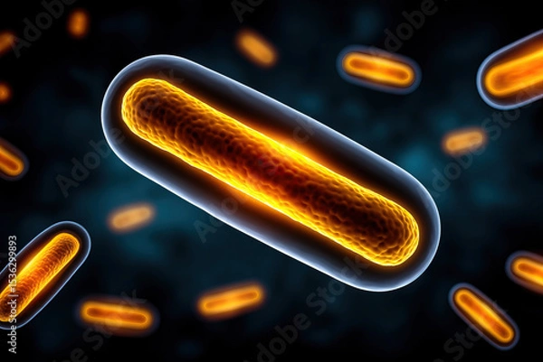 Fototapeta Futuristic glowing bacteria cell with orange core, digital illustration of microorganism, science background, microscopic view, abstract medical concept, vibrant and energetic mood