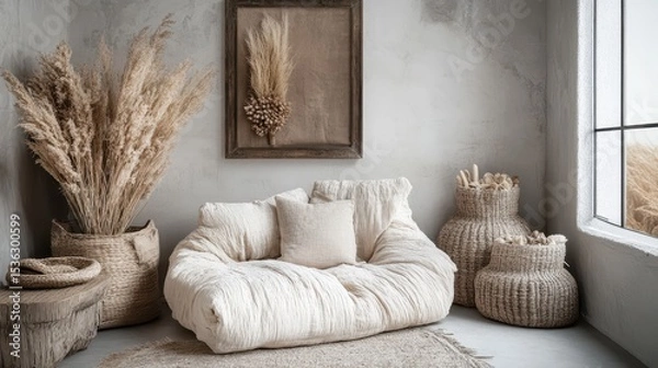 Fototapeta Neutral tones create a serene and cozy living space.