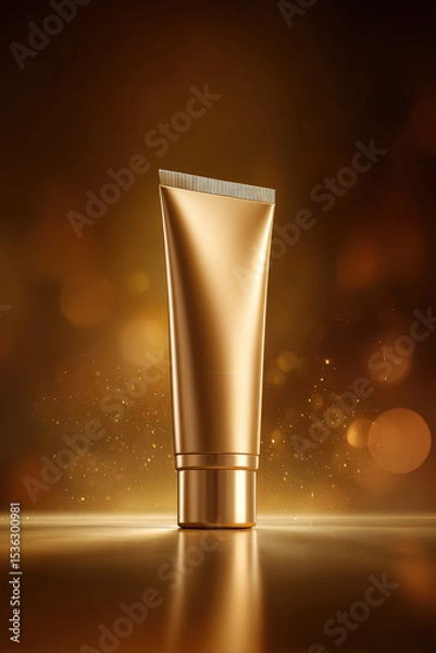 Fototapeta Sleek golden sunscreen tube stands elegantly on polished surface, illuminated by warm glow that enhances its luxurious appearance. background sparkles softly, creating inviting atmosphere