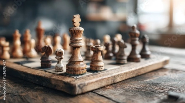 Fototapeta Vintage wooden chess set on a rustic table