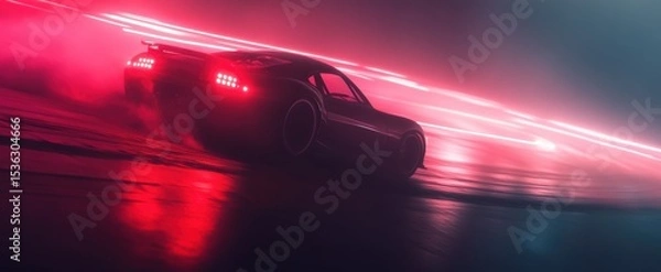 Fototapeta Dynamic Nighttime Car in Motion with Neon Lights and Dramatic Smoke Effects on Wet Surface