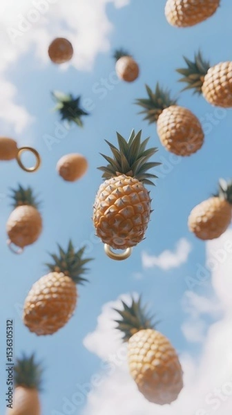 Fototapeta Floating pineapples against a light blue sky.