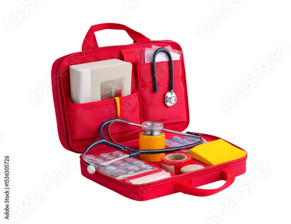 Fototapeta First aid kit with a stethoscope and bandage isolated against a transparent background