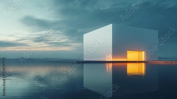 Fototapeta Cube Structure on Calm Water at Sunset