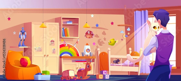 Fototapeta Man stands with back holding white cat in colorful kid nursery where mouse chewing on bedding in crib. Room with wooden furniture, bookshelf filled with toys scattered below, decorated with stars