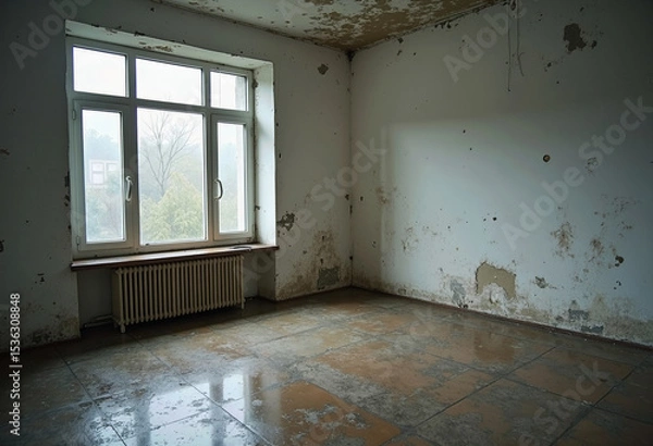 Fototapeta The interior of a desolate, abandoned room features a large window, stained walls, and a wet, decaying floor, evoking a powerful sense of loneliness and neglect.
