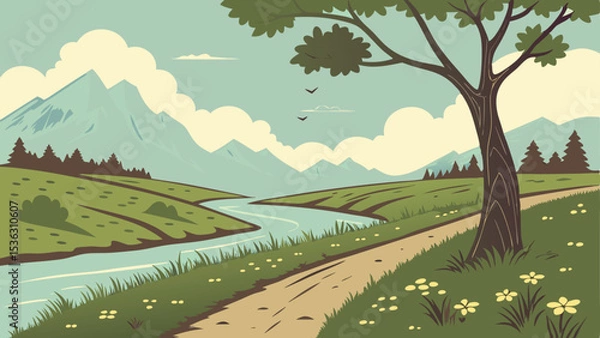 Fototapeta This paper-cut and craft-style vector illustration of the rainy season features a lovely pond surrounded by plants, grass, butterflies, and rainfall.