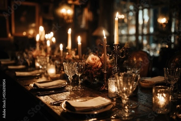 Obraz Intimate dining setting with candles and moody lighting