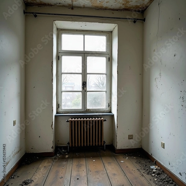 Fototapeta A tall window serves as the focal point in this derelict, empty room, highlighting the peeling paint, dirty wooden floor, and a rusty radiator in a state of decay.

