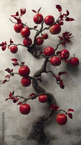 Fototapeta Red apples arranged on a stylized bonsai tree.