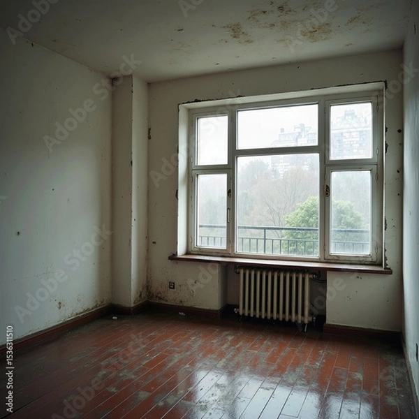 Fototapeta Natural light floods an empty, decaying room through a large window, highlighting the stained walls and worn wooden floor in a scene of urban desolation and neglect.
