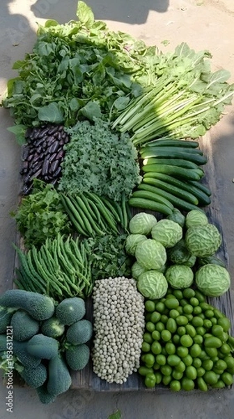 Fototapeta Assorted fresh vegetables displayed on a wooden surface.
