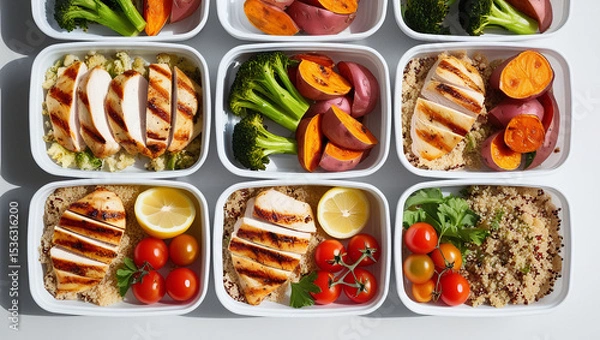 Fototapeta Organized meal prep flat lay with vibrant clean eating ingredients. Balanced portions of lean protein, veggies, and grains under bright lighting.

