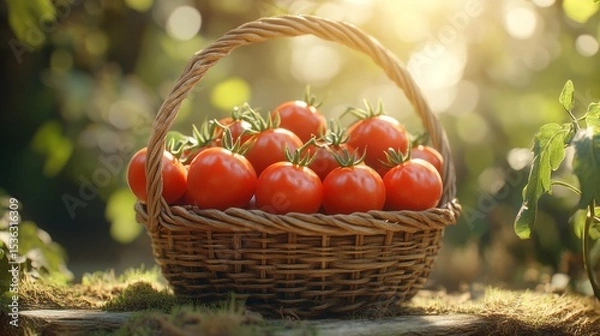 Fototapeta Fresh tomatoes harvest in a wicker basket with a blurred background of greenery and sunlight