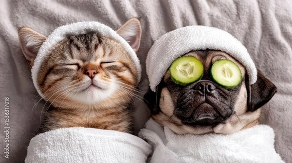 Fototapeta Cute kitten and pug puppy with towel on their heads with cream on their faces and with a pieces of cucumber on their eyes relaxing on the bed at spa salon. Top down view. Empty space for.