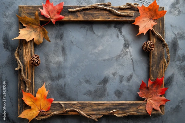 Obraz Autumn Maple Leaf Frame with Rustic Wood and Copyspace