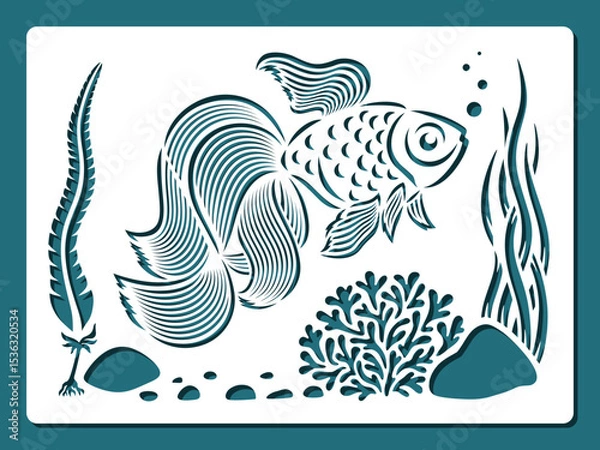 Fototapeta Rectangular stencil with fish, seaweed. Openwork goldfish swims in water among plants, stones. Template for plotter laser cutting of paper, wood carving, metal engraving, cnc. Vector illustration.