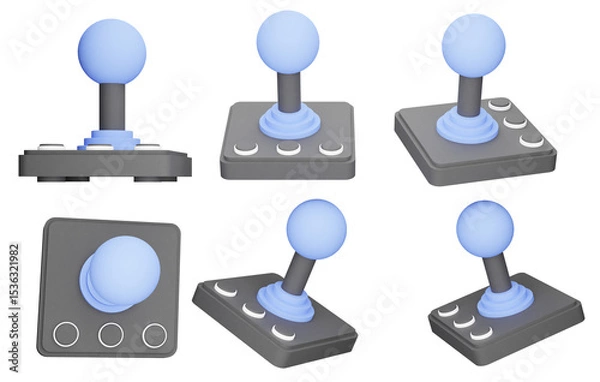 Fototapeta Blue Arcade Joystick Displayed in Multiple Angles on Transparent Background, Retro Gaming Controller for Classic Video Games and Entertainment Use, 3D Render